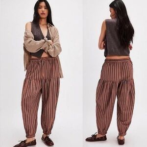 NWT Free People Ellie Striped Pull On Barrel Pants • Brown/Cream